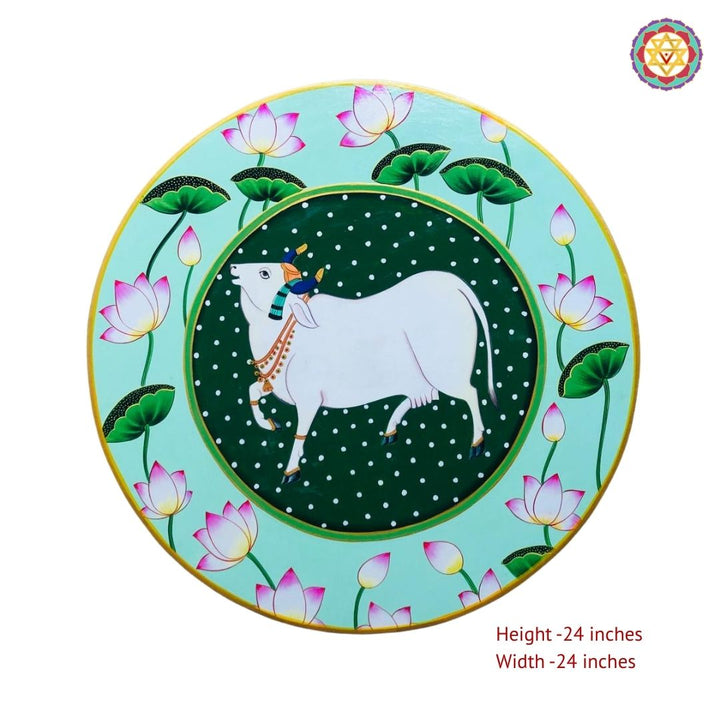 24”Round pichwai style -handpainted wall plate -cow with lotuses