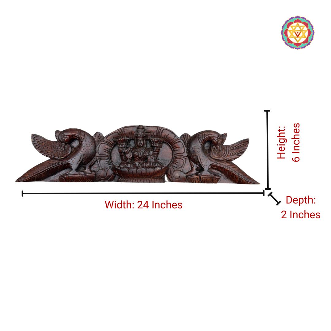 Graceful Horizontal Lakshmi Panel with Parrots – Handcarved Wood Decor