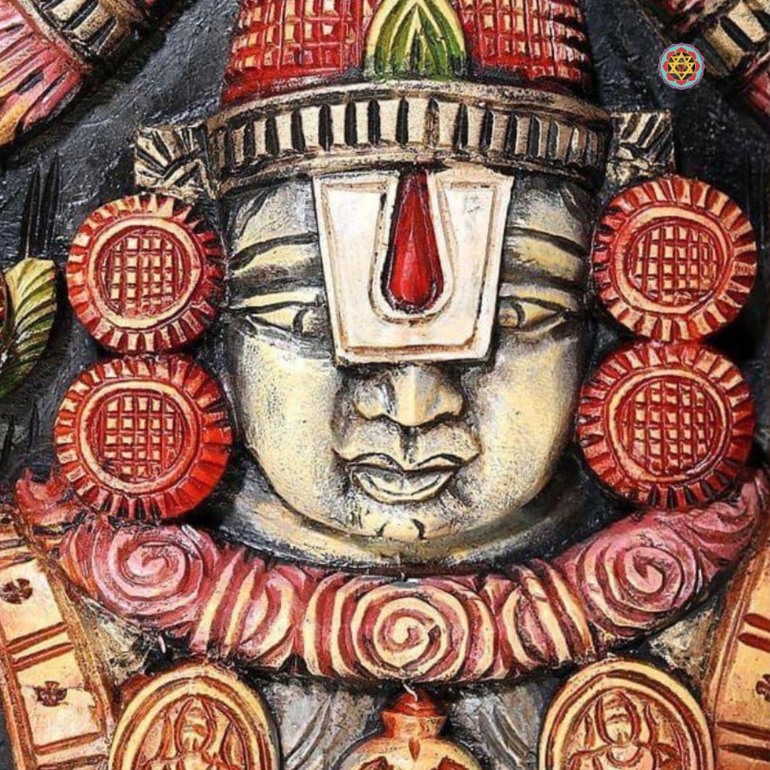 Balaji wood carving — handcarved Tirumala temple wall decor panel.