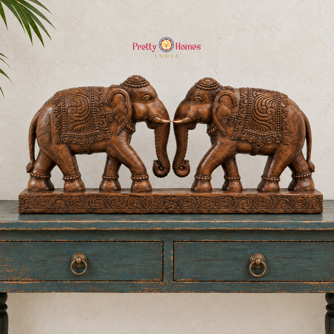 Hand-Carved Elephant Sculpture Pair
