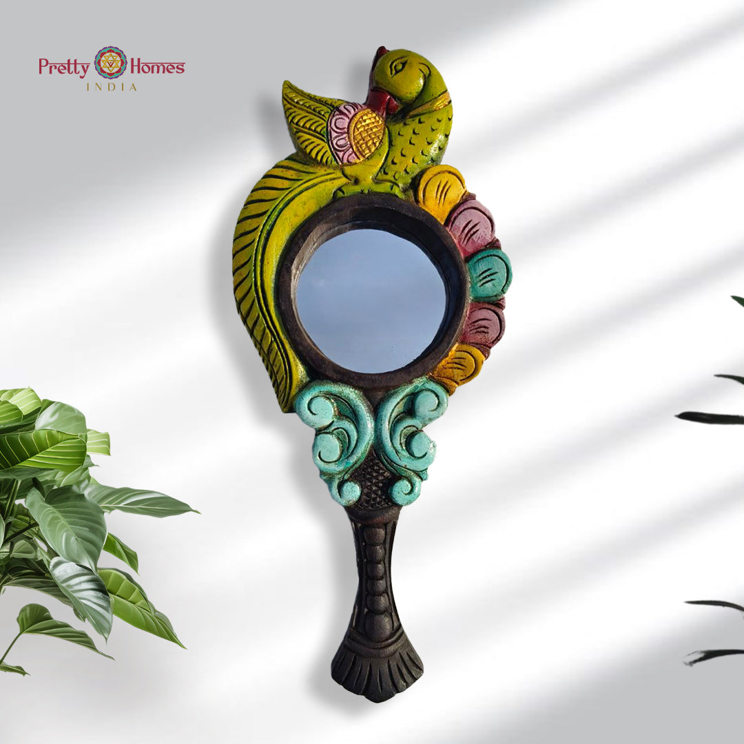 Wooden mirror frame with carved yellow parrot and colourful floral design