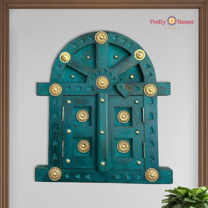 Indian wooden window frame with brass detailing for decor
