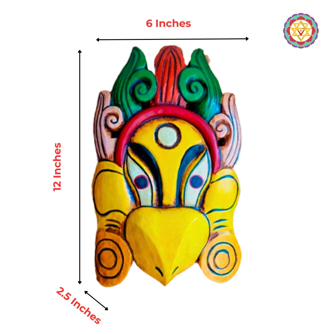 Hand painted wooden bird mask for wall decor with multicolor folk art finish size 12 x 6 x 2.5 in