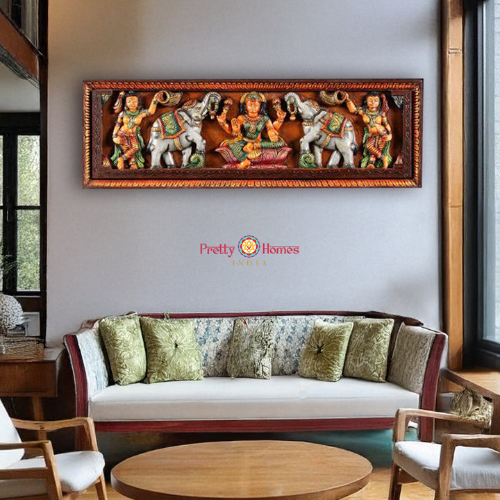 Gajalakshmi — 36-inch Teak Wooden Panel for Sacred & Heritage Interiors