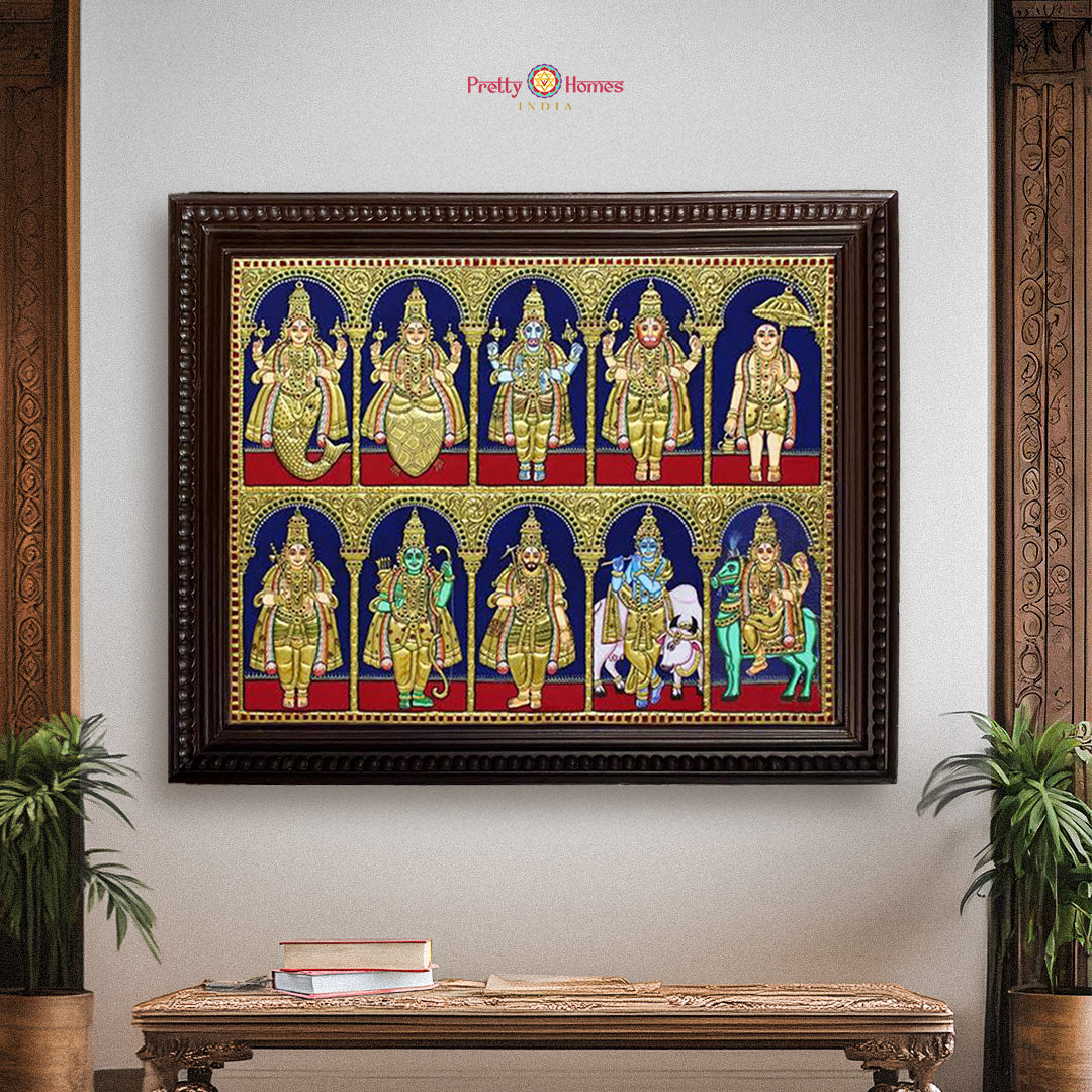 “Framed Dashavatara Tanjore painting with 22-carat gold foil, showing ten avatars of Lord Vishnu”