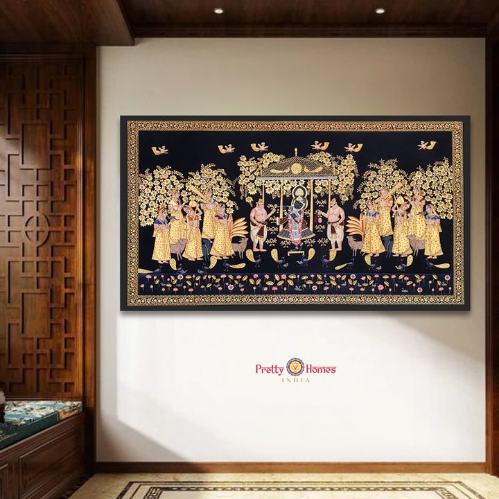 Horizontal Handpainted Pichwai – Musical Gopikas with Worshippers