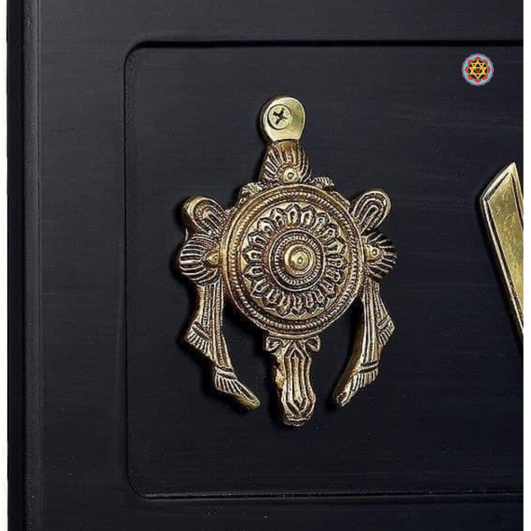 Wooden frame with brass shankh chakra — divine Vishnu wall hanging