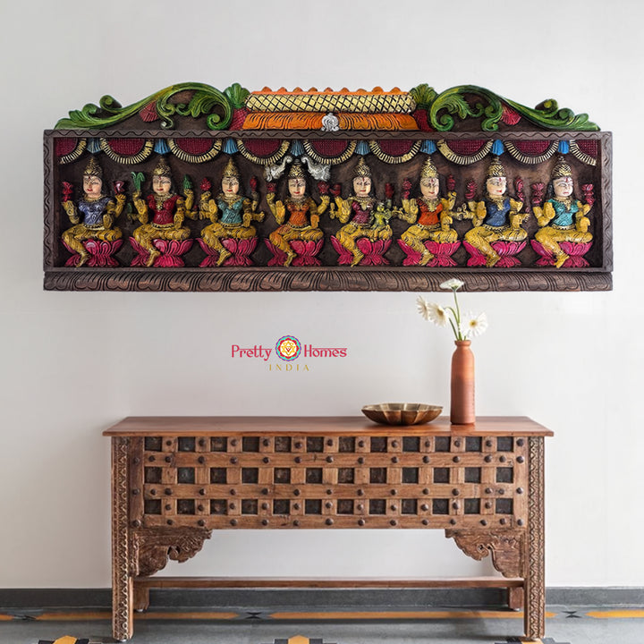 Handcarved Wood Panel of Ashtalakshmi in Gopuram Design – Multicolour Finish