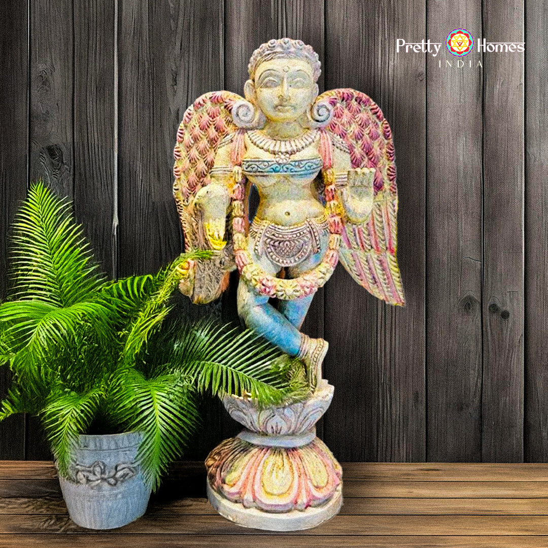 Woodcarved Gandharva /Indian Angel sculpture  Mounted on carved wooden stand (Single)