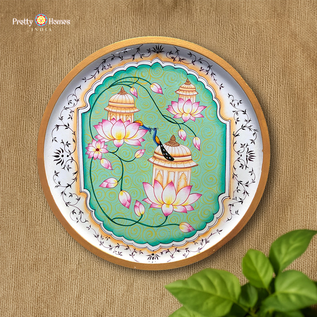 handpainted pichwai wall plate garden palace scene artwork