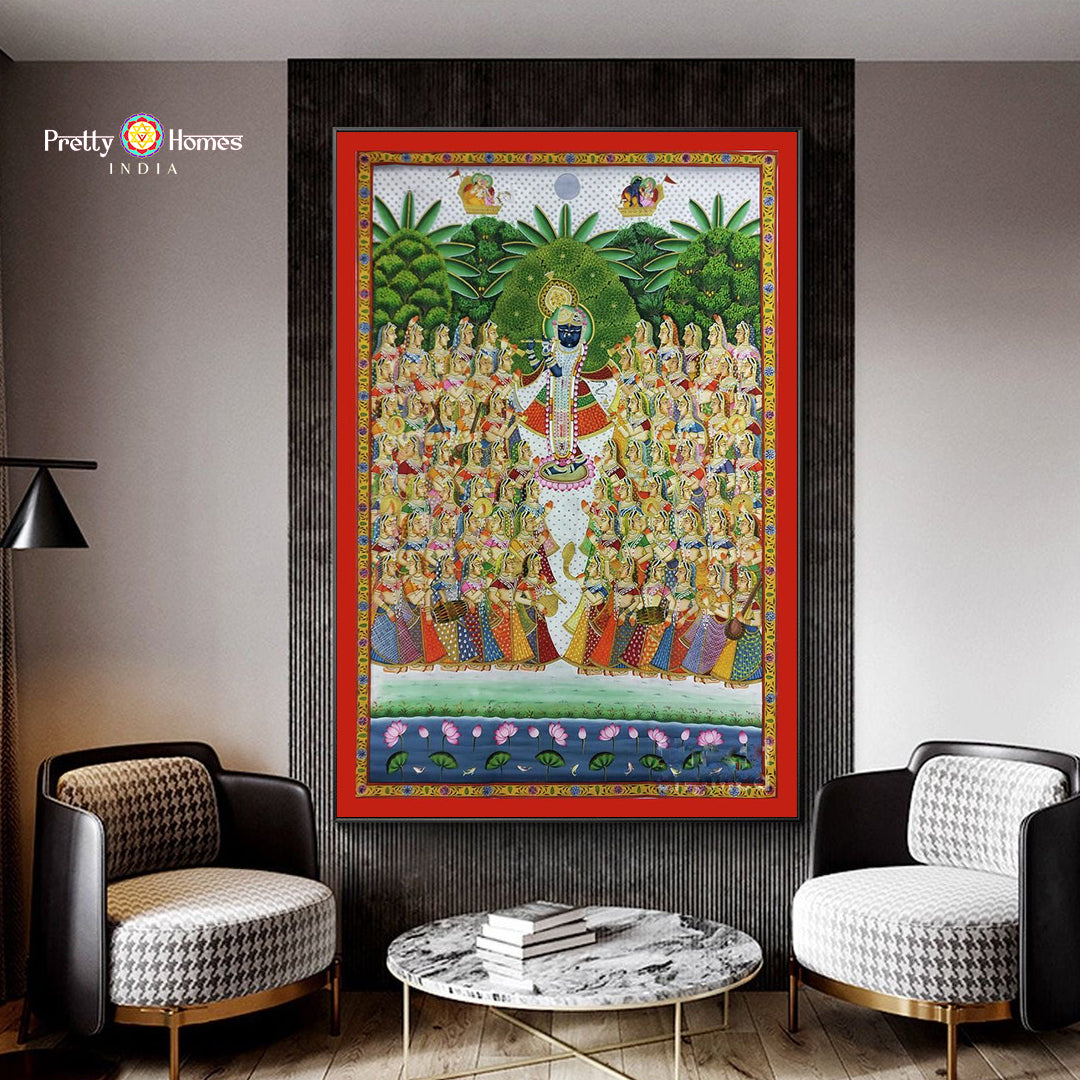 pichwai painting of shrinathji with gopikas in colourful attire