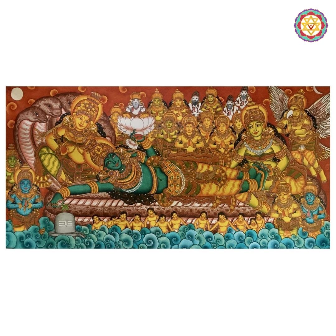 Kerala Mural Style Ananthasayanam Painting – Resting Vishnu with Celestial Deities