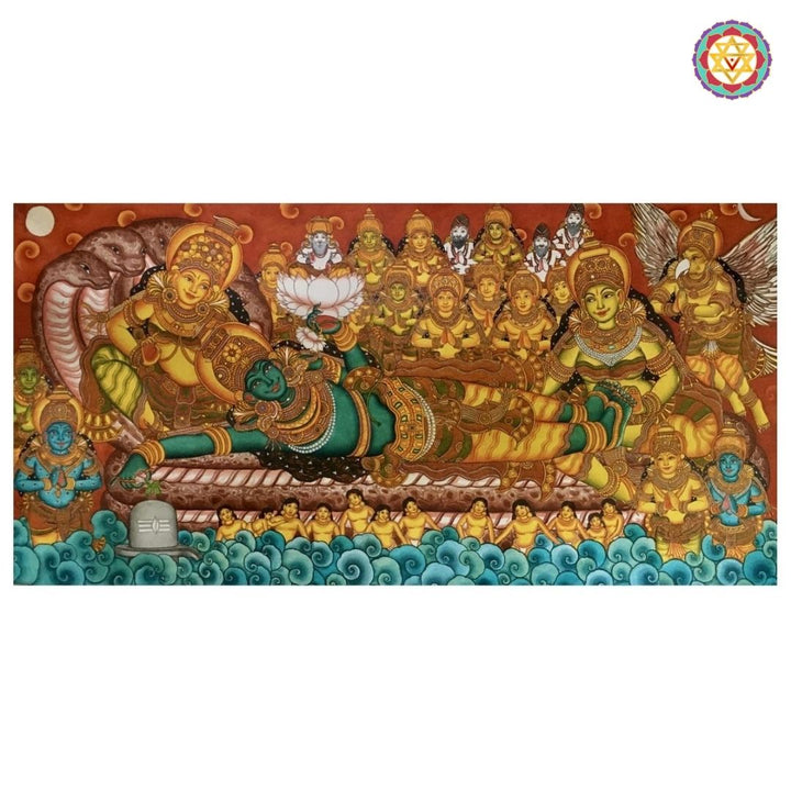 Kerala Mural Style Ananthasayanam Painting – Resting Vishnu with Celestial Deities