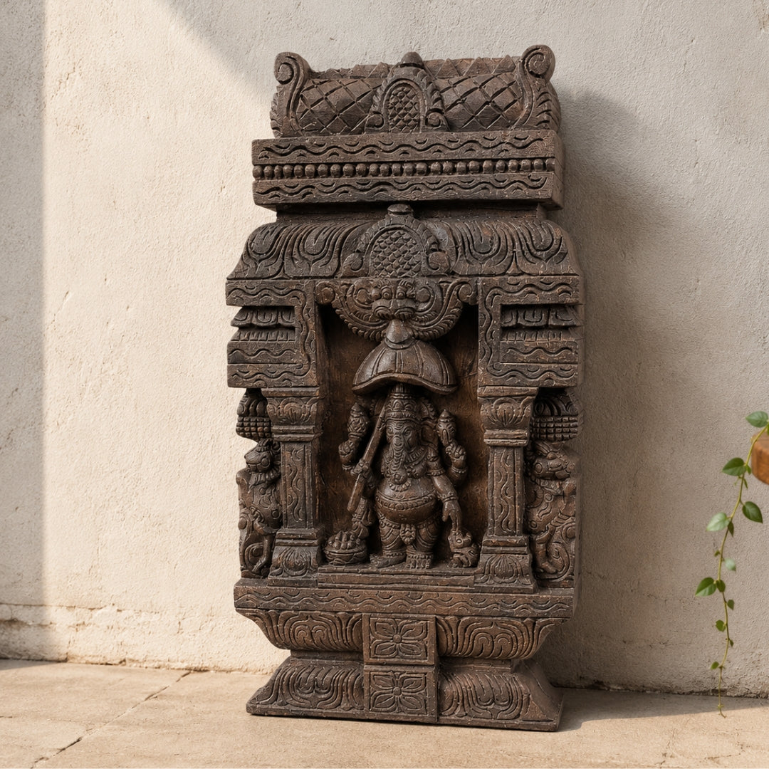 Hand-Carved Umbrella Ganesha Wall Panel