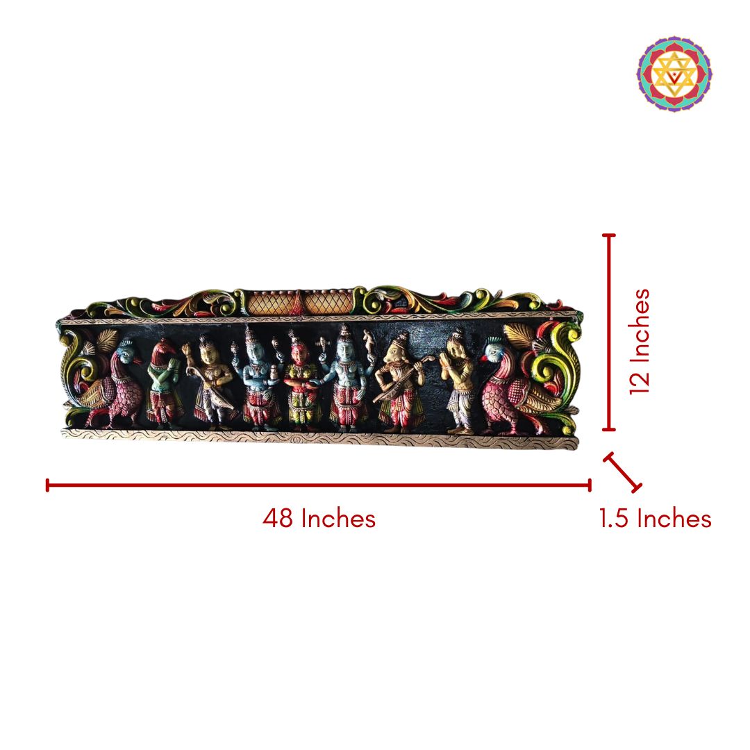 Decorative item with figures and measurements on a white background : Dimensioned view of multicolour carved wooden Shiva-Parvati wedding panel