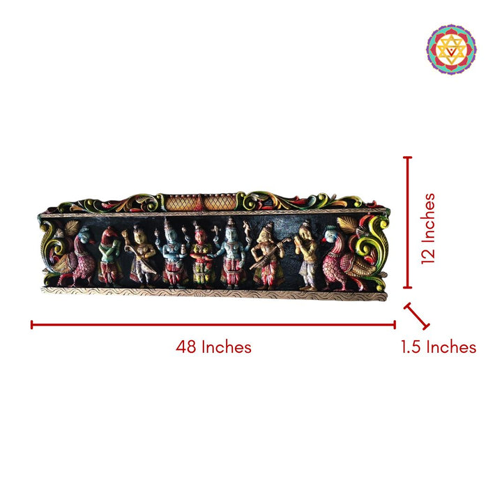 Decorative item with figures and measurements on a white background : Dimensioned view of multicolour carved wooden Shiva-Parvati wedding panel