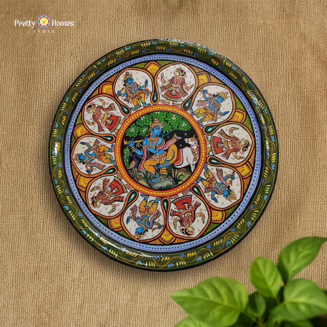 krishna raas with gopikas pattachitra wall plate hand painted art