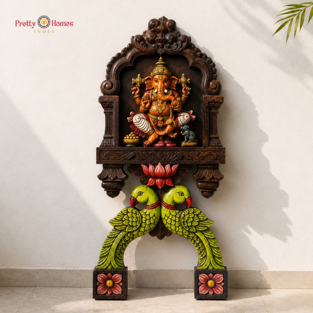 Ganesha & Lakshmi Kavadi Wall Mounts with Parrot Carvings