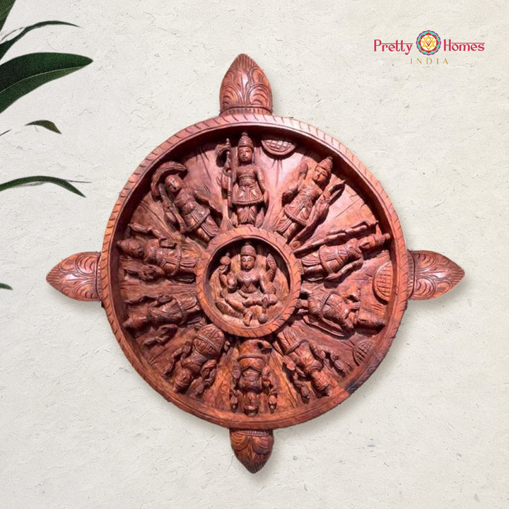Round wood carved Dasavtaram wall panel in natural polish