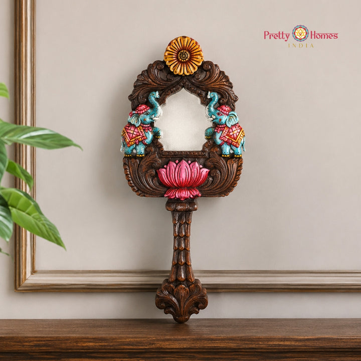 Woodcarved Elephant Mirror Frame – Handpainted Mahogany Wall Decor