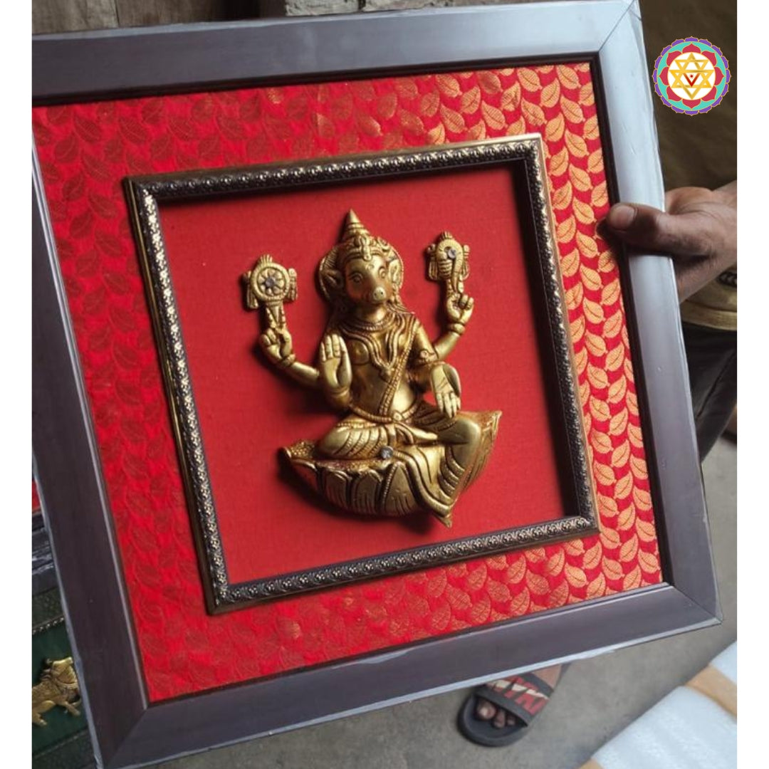 Handcrafted brass Varaha wall decor in antique gold finish