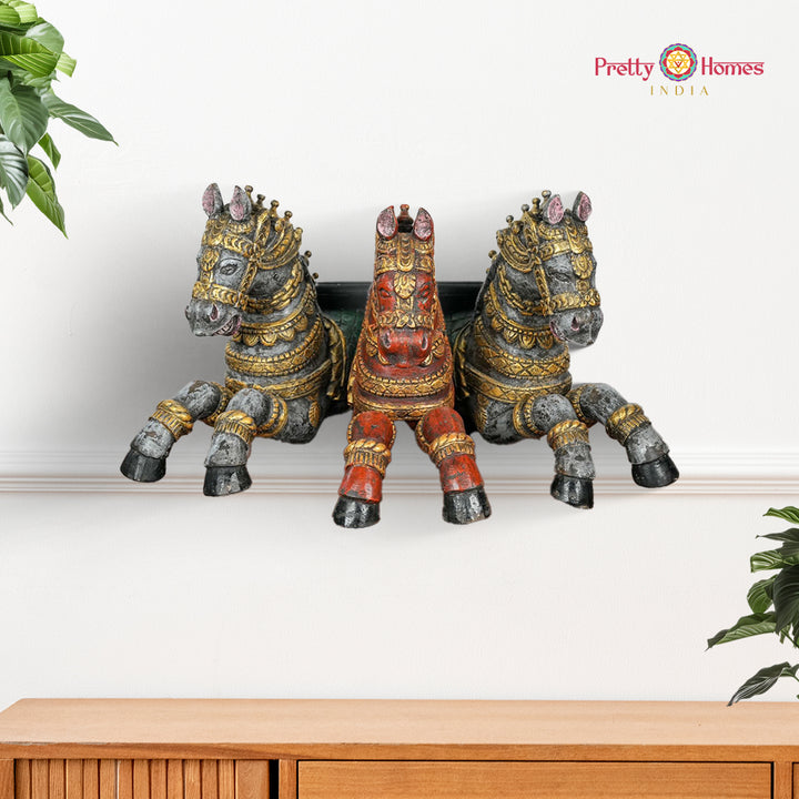Wood-carved Set of Three Horses Wall hanging/wall mount .Vintage finish