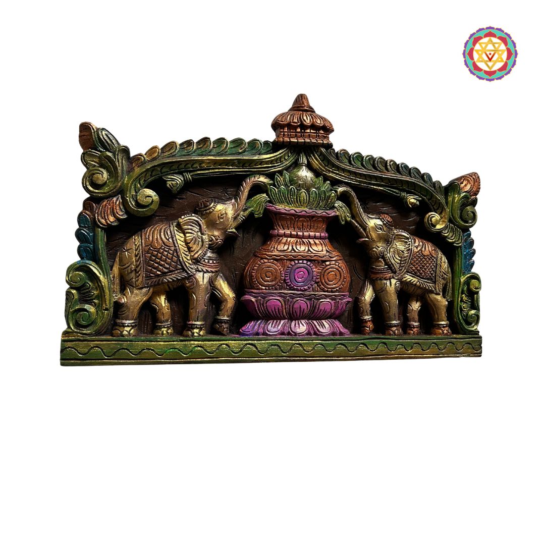 Multicolour woodcarved Mangal Kalash /Kalasham with elephants wall panel /frame