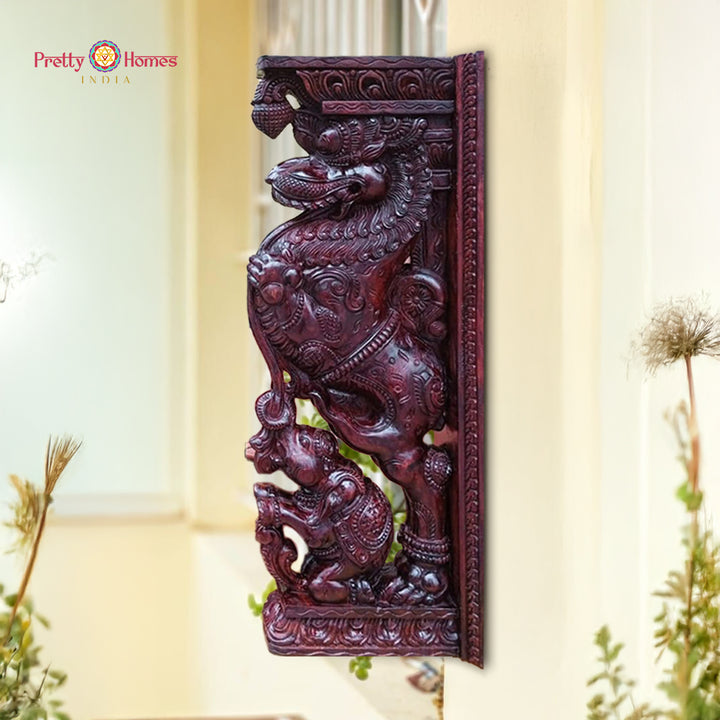 4 foot woodcarved architectural style yali with elephant brackets with intricate carvings. (single)