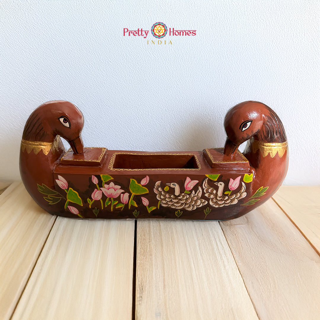 wooden swan carved wall shelf with lotus flower painting