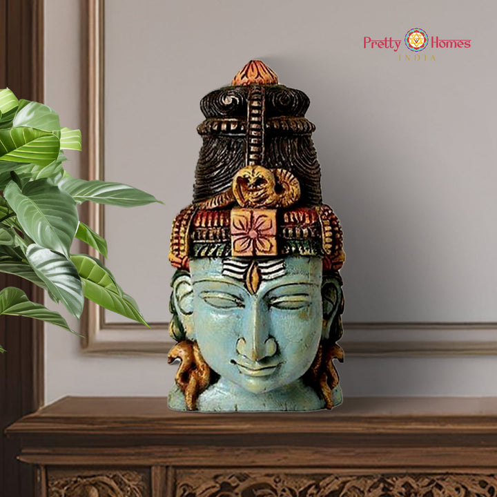 Handcarved wooden Shiva bust sculpture in meditative expression