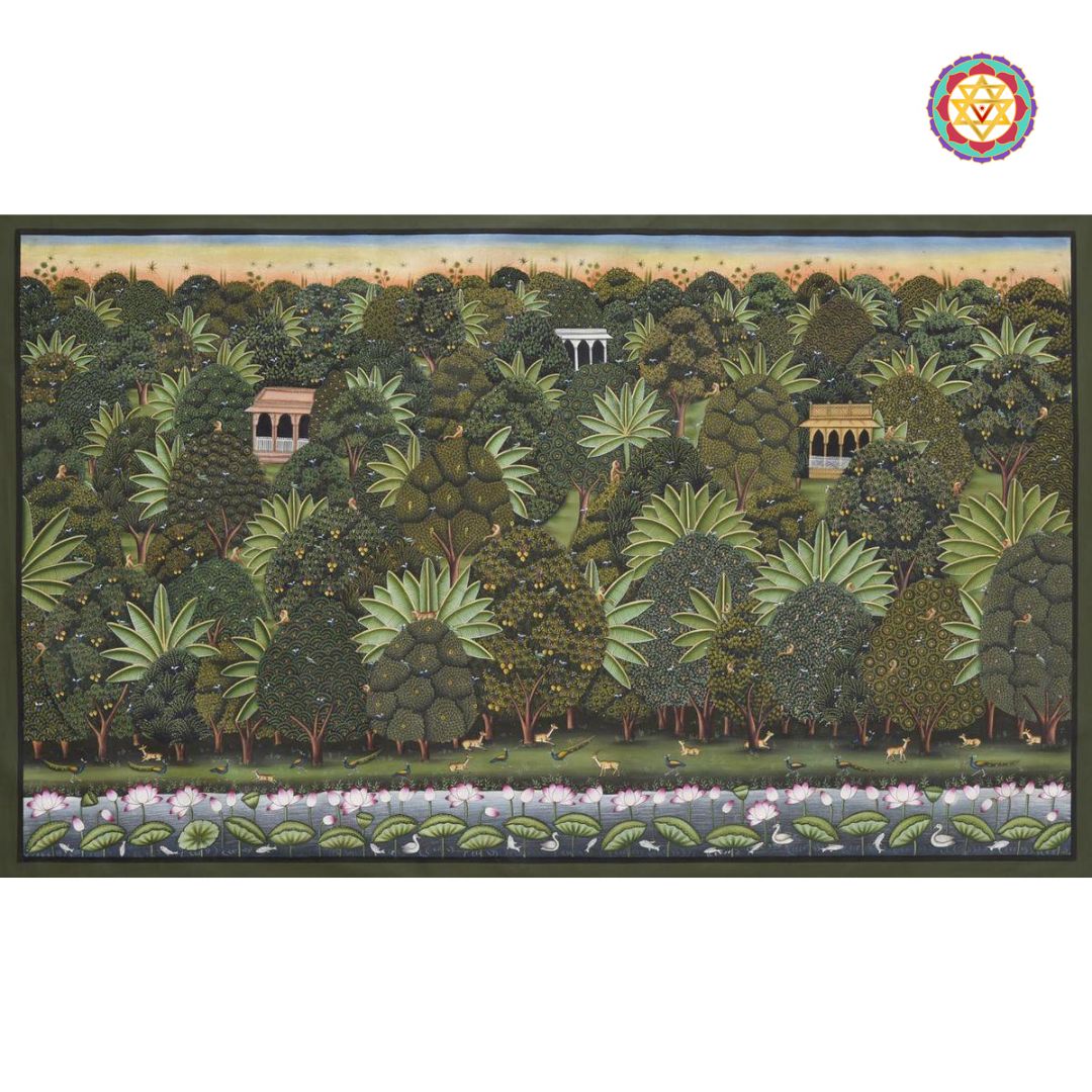 Detailed pichwai painting featuring dense jungle foliage and scattered pavilions.