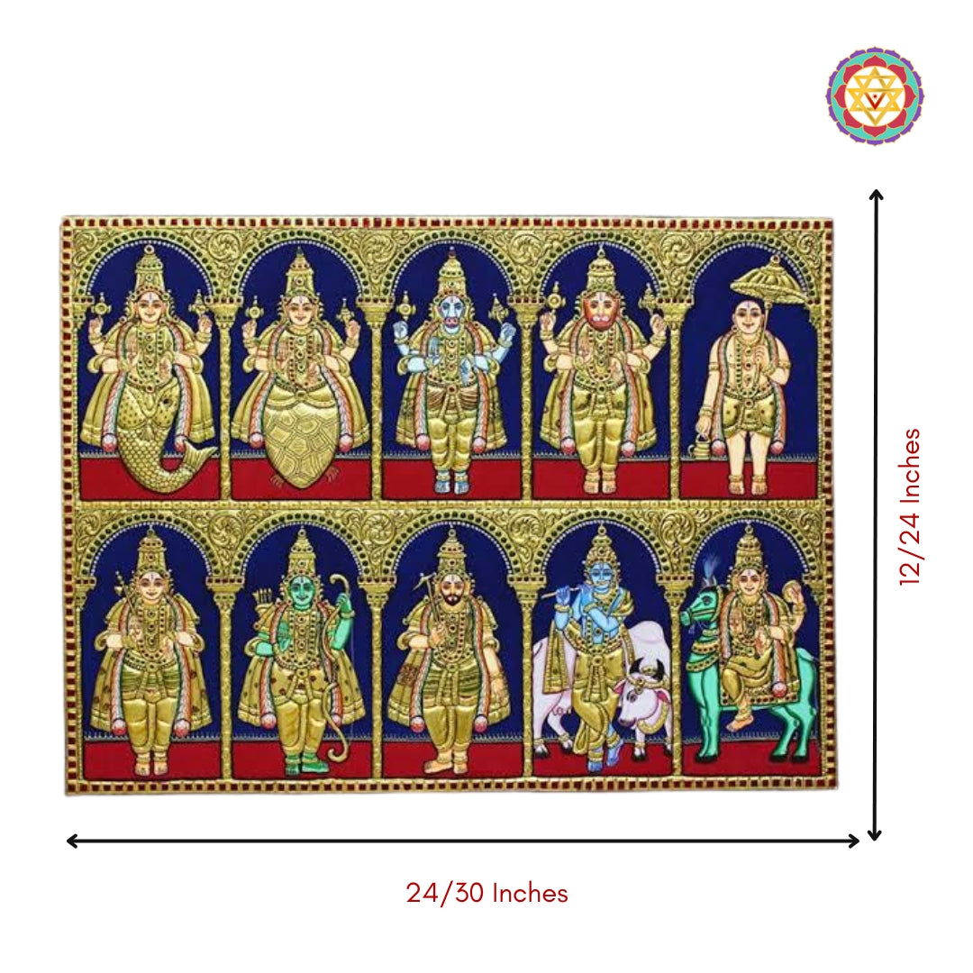 “Antique-style Dashavatar Tanjore painting framed in teakwood for pooja decor”