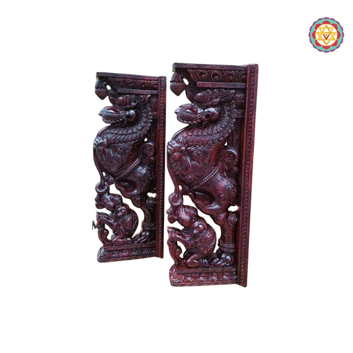 4 foot woodcarved architectural style yali with elephant brackets with intricate carvings. (single)
