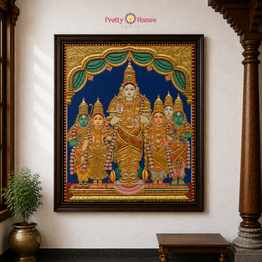 Vintage Finish Mahavishnu with Various Deities Tanjore in Real Gold