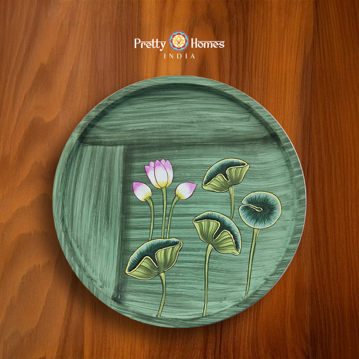 Hand-painted wall plate with lotus flowers and leaves, pichwai lotus painting.