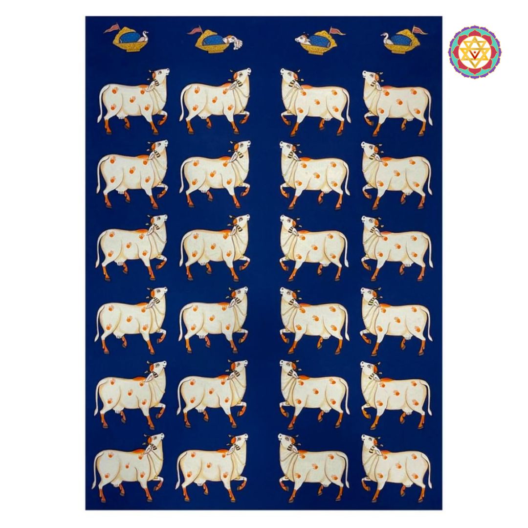 Pichwai painting with white cows on a classic blue base, close-up view.