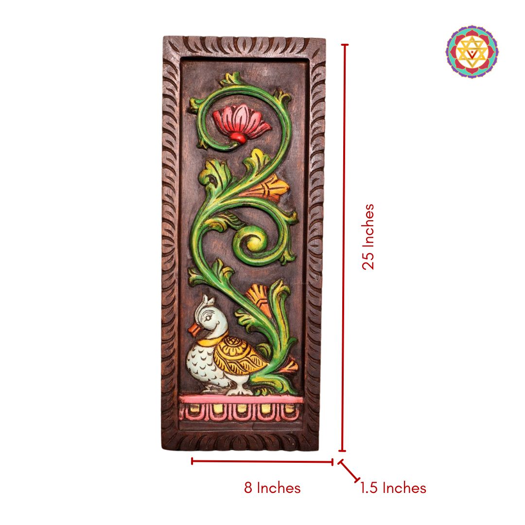 wood carved vertical annapakshi annam with lotus and vines studio shot highlighting color and polish