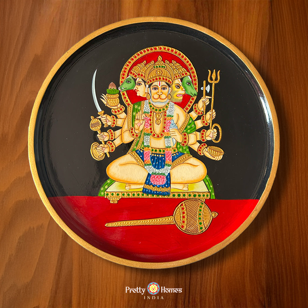 panchmukhi hanuman wooden wall plate depicting five-faced hanumanji