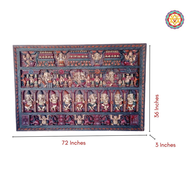 Decorative wall art with multiple figures on a white background - Size view of vintage multicolour Indian wooden wall panel

