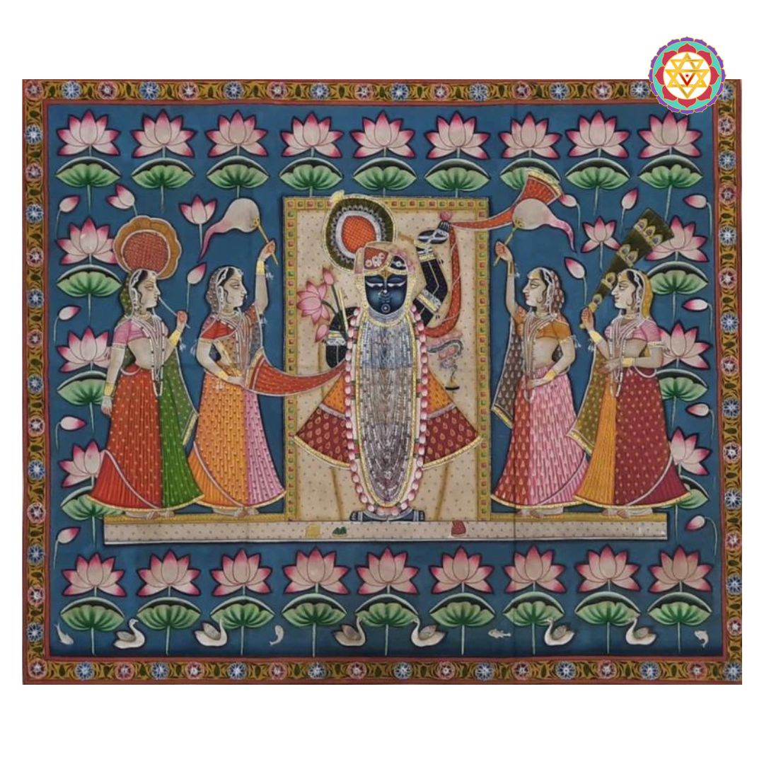 Sharad Poornima pichwai painting featuring Shrinathji and Gopis with lotus flower patterns.