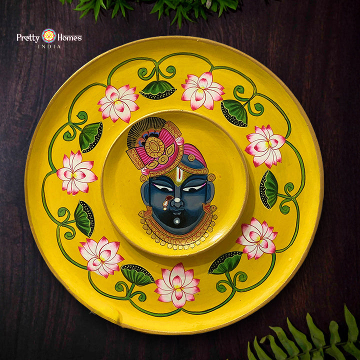 Double style handpainted Shrinathji Pichwai wall plate with lotus motifs spiritual wall decor art