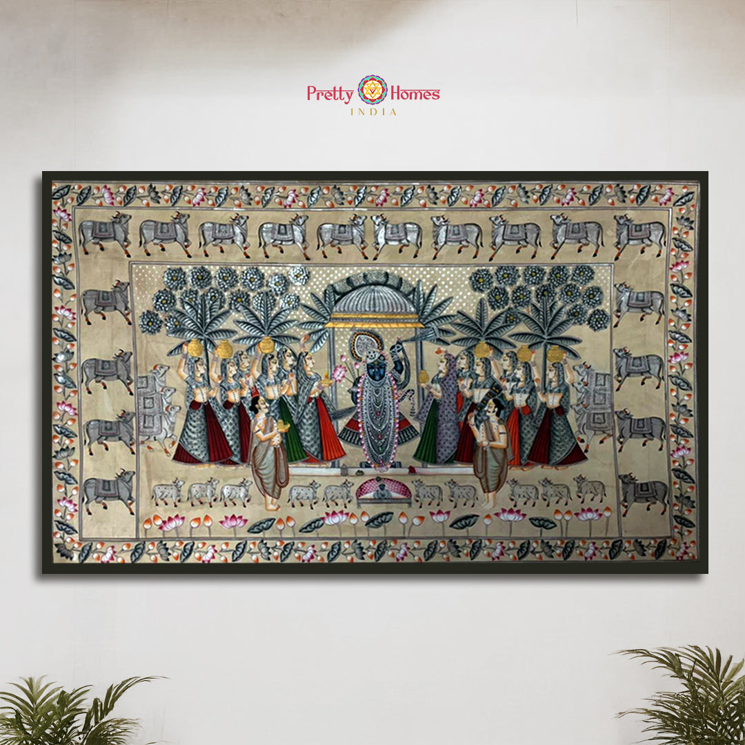 horizontal vintage finish handpainted pichwai rajbhog swaroop full view showing Shrinathji in royal vintage tones and ornate border