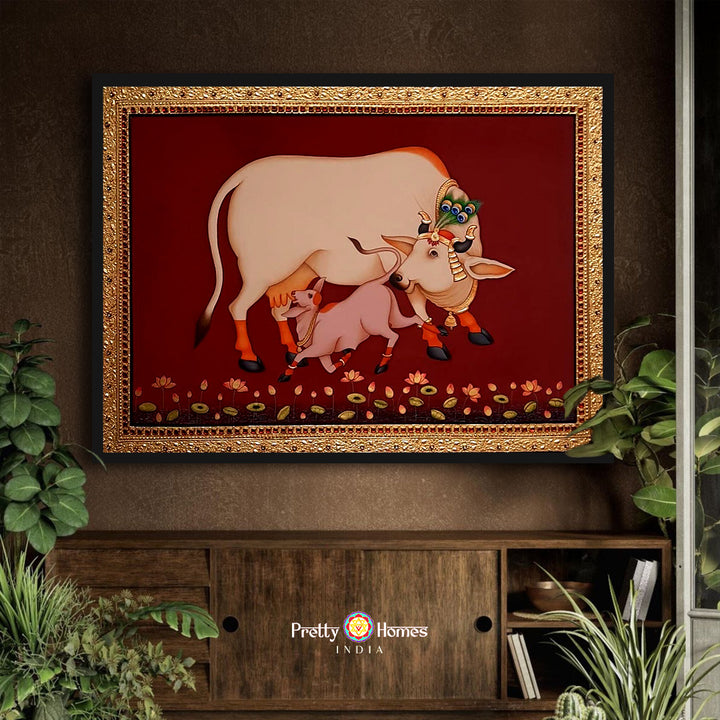 Kamdhenu Blessings – Handpainted Pichwai with Gold Border
