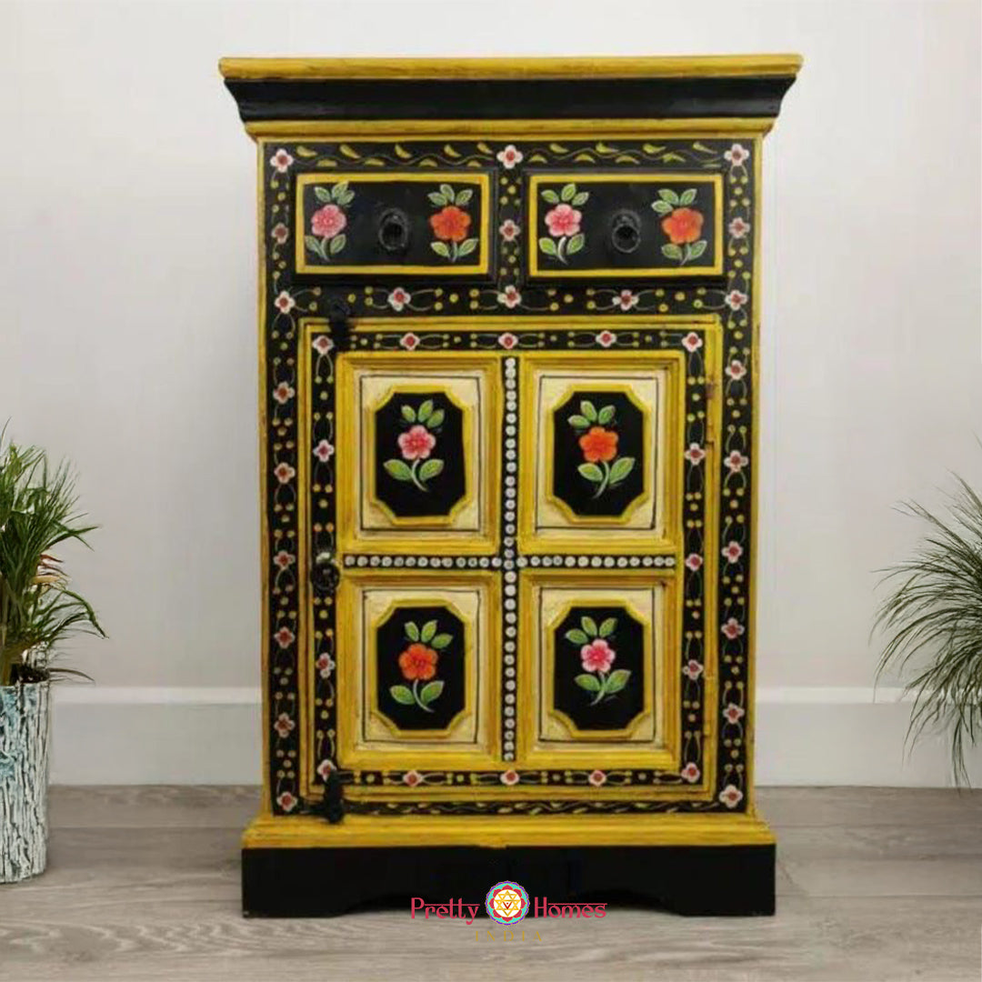 hand-painted wooden bedside table with aesthetic artwork