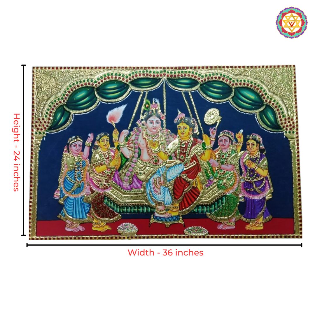 Handpainted Tanjore Painting in Real 22 Carat Gold Foil – Radha Krishna on Swing with Sakhis