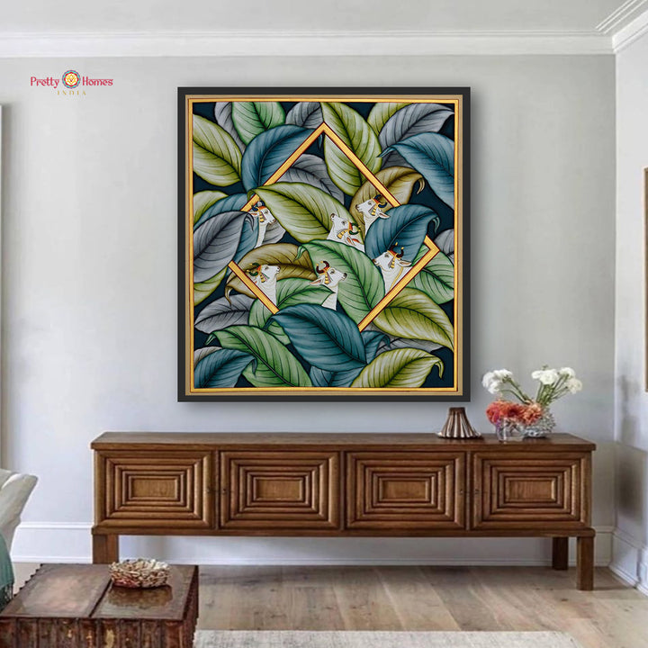 Cows Amongst Leaves — Handpainted Pichwai Aesthetic for Heritage & Sacred Interiors