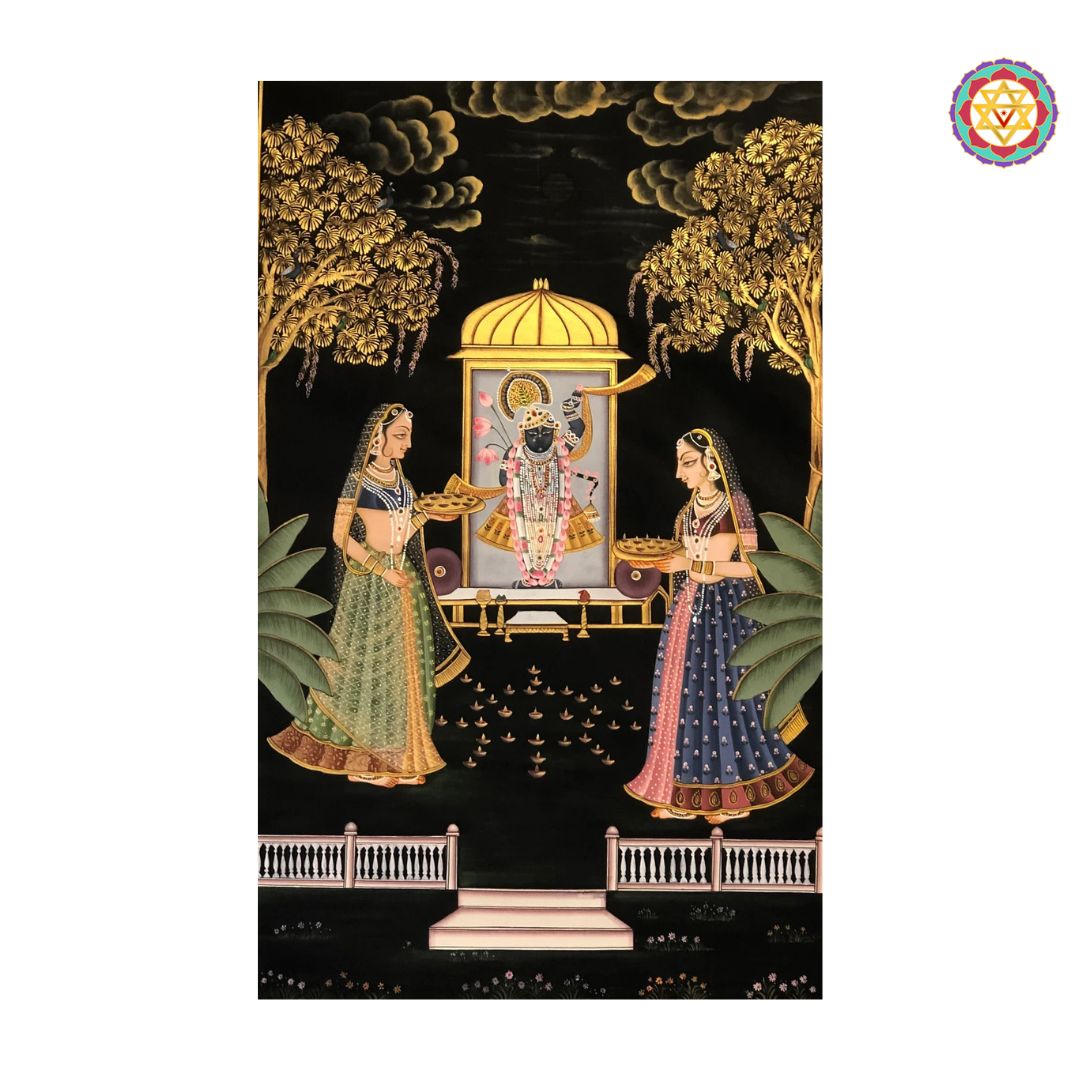 close-up of deep utsav lamps and shreenathji details