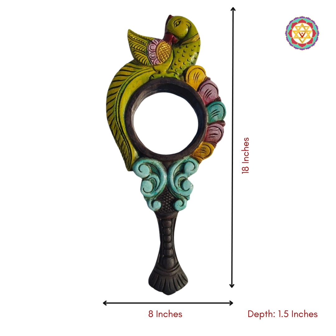 Mahogany wall mirror with single parrot motif in multicolour finish