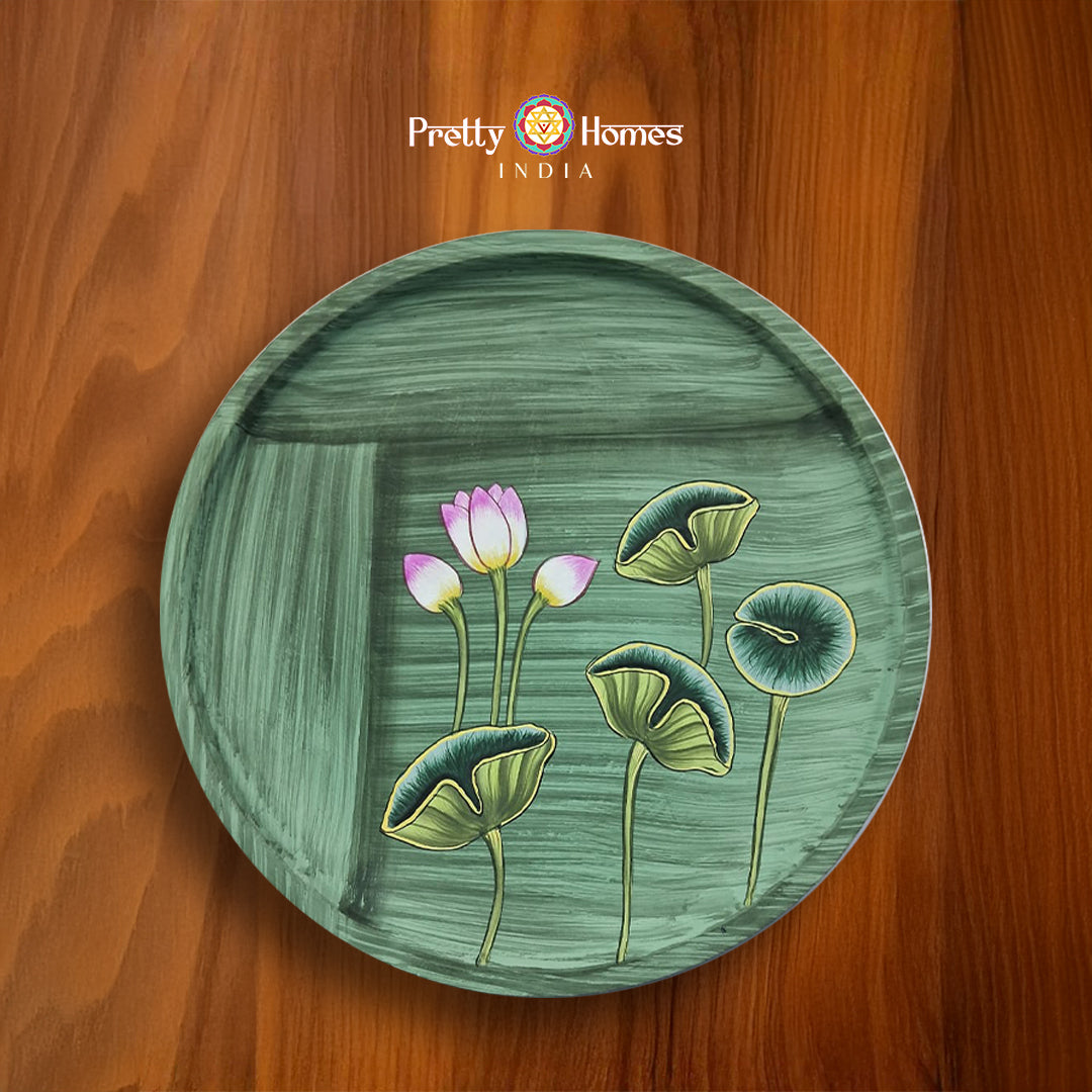 Hand-painted wall plate with lotus flowers and leaves, pichwai lotus painting.