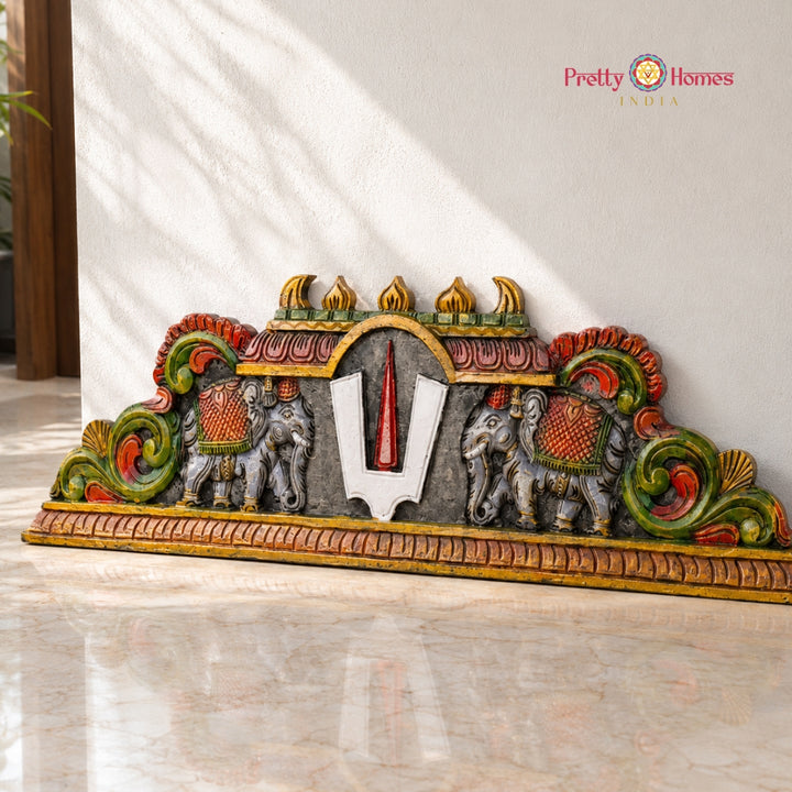 Wood-Carved Vishnu Symbol Panel with Elephants
